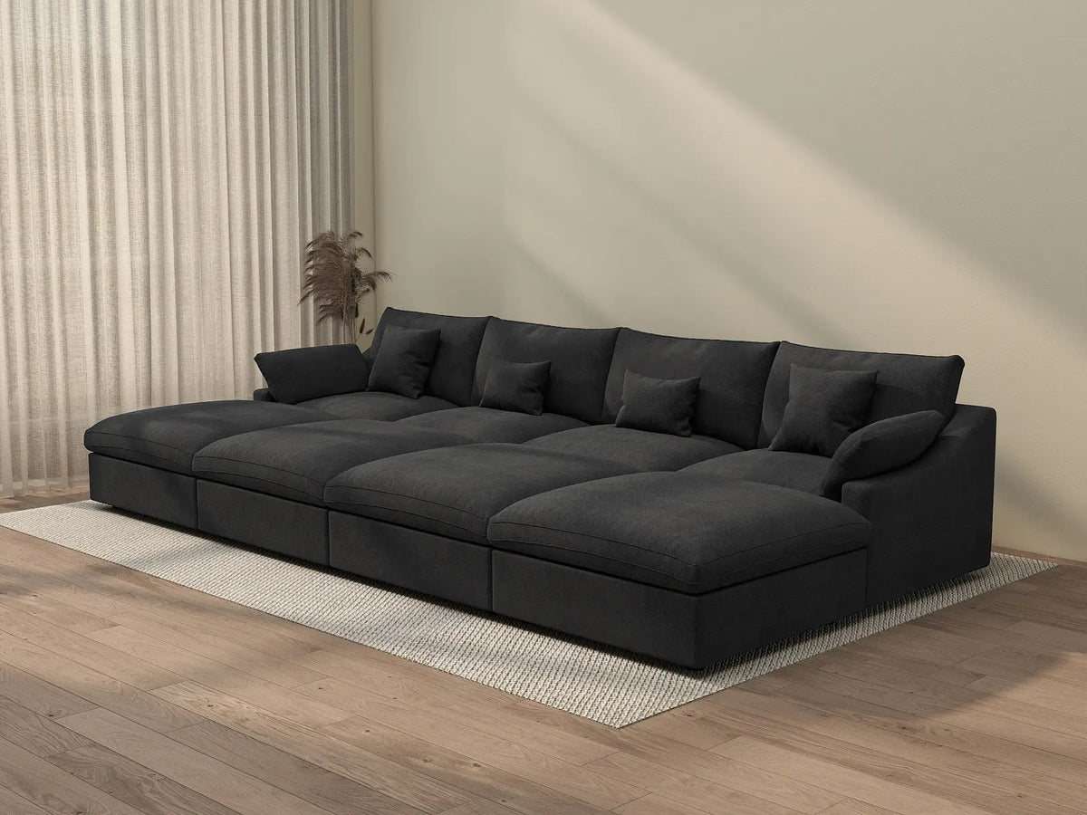 Deluxe Cloud 4-Seater Black Washable Pit Sectional | 8-Piece (includes 4 Ottomans), Chenille and Linen Fabric, Modular Design