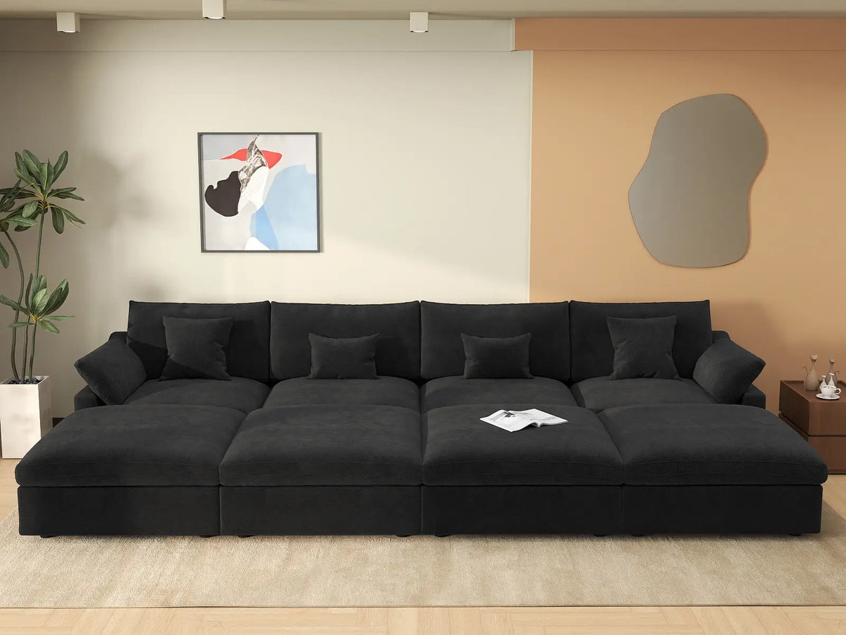 Deluxe Cloud 4-Seater Black Washable Pit Sectional | 8-Piece (includes 4 Ottomans), Chenille and Linen Fabric, Modular Design