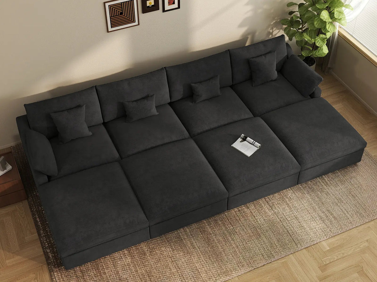 Deluxe Cloud 4-Seater Black Washable Pit Sectional | 8-Piece (includes 4 Ottomans), Chenille and Linen Fabric, Modular Design
