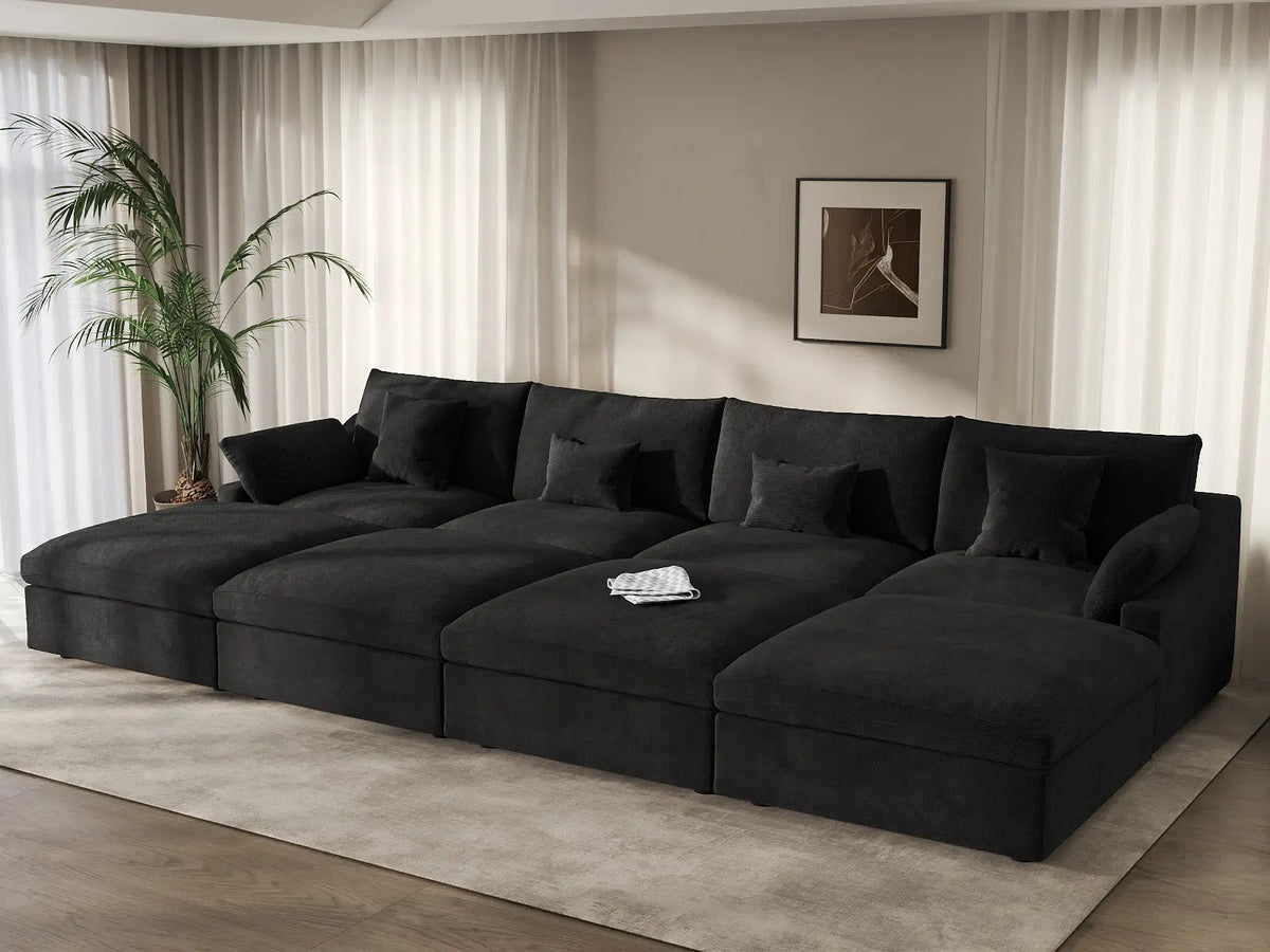 Deluxe Cloud 4-Seater Black Washable Pit Sectional | 8-Piece (includes 4 Ottomans), Chenille and Linen Fabric, Modular Design