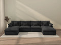 Deluxe Cloud 4-Seater Black Washable U-Shaped Sectional | 6-Piece (includes 2 Ottomans), Chenille and Linen Fabric, Modular Design