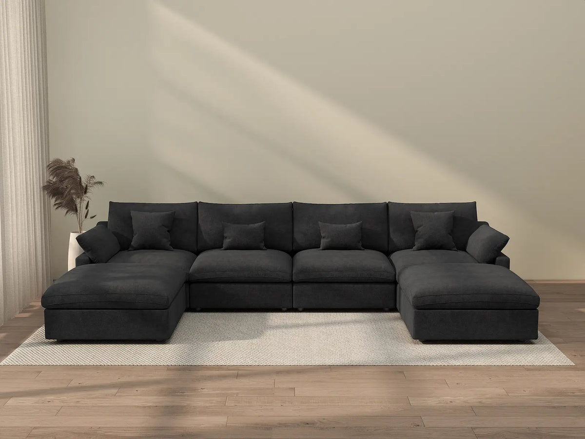 Deluxe Cloud 4-Seater Black Washable U-Shaped Sectional | 6-Piece (includes 2 Ottomans), Chenille and Linen Fabric, Modular Design