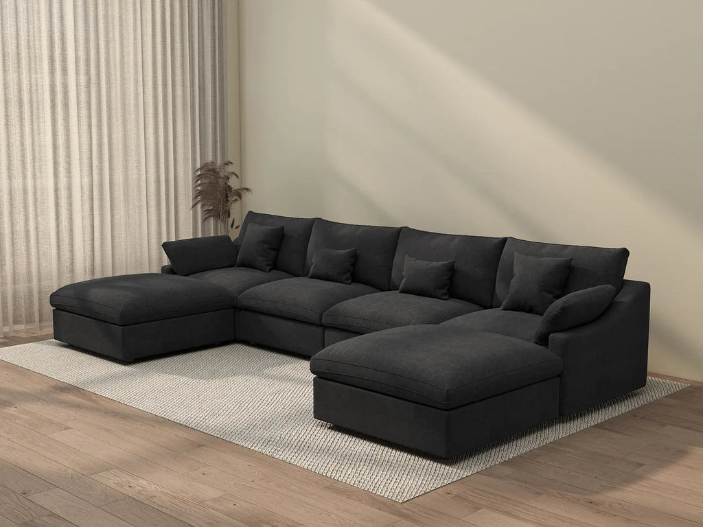 Deluxe Cloud 4-Seater Black Washable U-Shaped Sectional | 6-Piece (includes 2 Ottomans), Chenille and Linen Fabric, Modular Design
