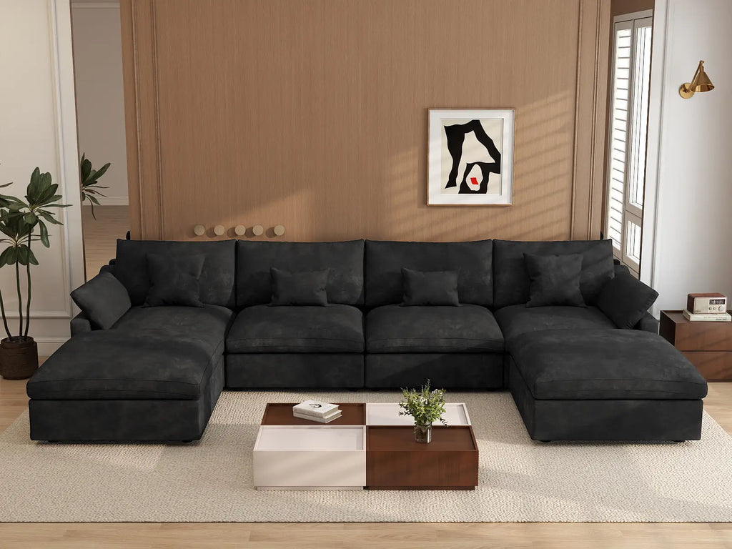 Deluxe Cloud 4-Seater Black Washable U-Shaped Sectional | 6-Piece (includes 2 Ottomans), Chenille and Linen Fabric, Modular Design