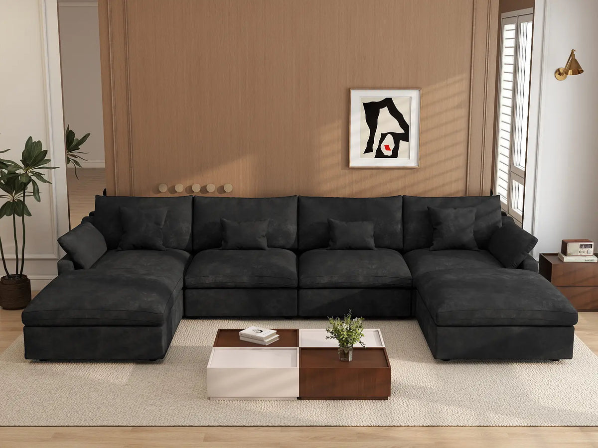 Deluxe Cloud 4-Seater Black Washable U-Shaped Sectional | 6-Piece (includes 2 Ottomans), Chenille and Linen Fabric, Modular Design