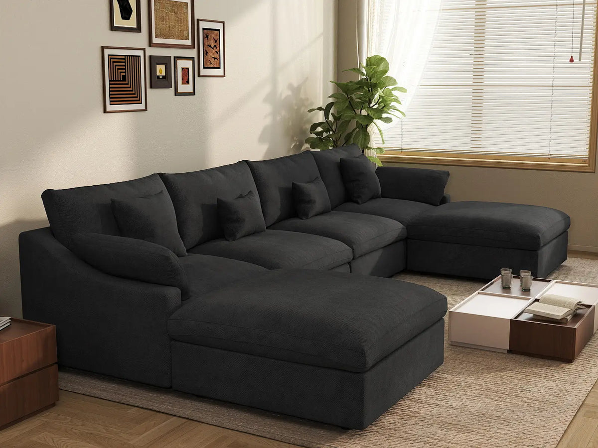 Deluxe Cloud 4-Seater Black Washable U-Shaped Sectional | 6-Piece (includes 2 Ottomans), Chenille and Linen Fabric, Modular Design