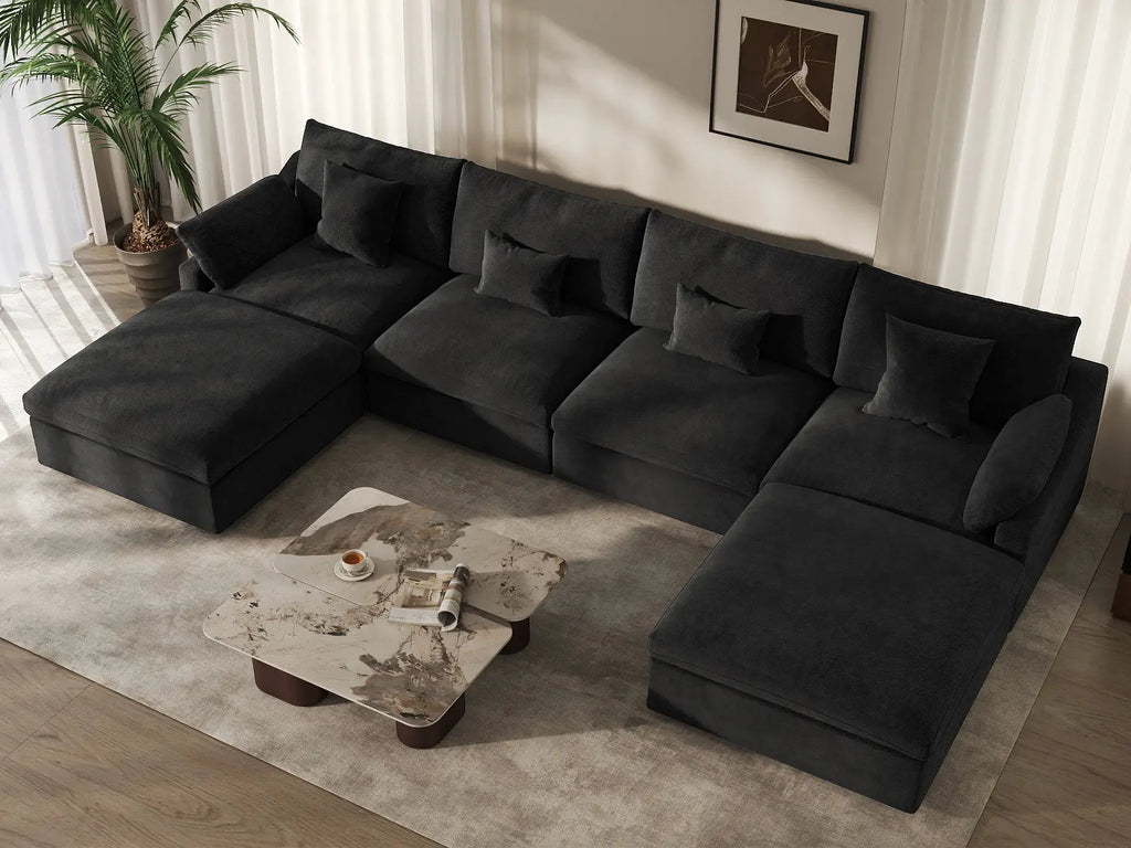 Deluxe Cloud 4-Seater Black Washable U-Shaped Sectional | 6-Piece (includes 2 Ottomans), Chenille and Linen Fabric, Modular Design