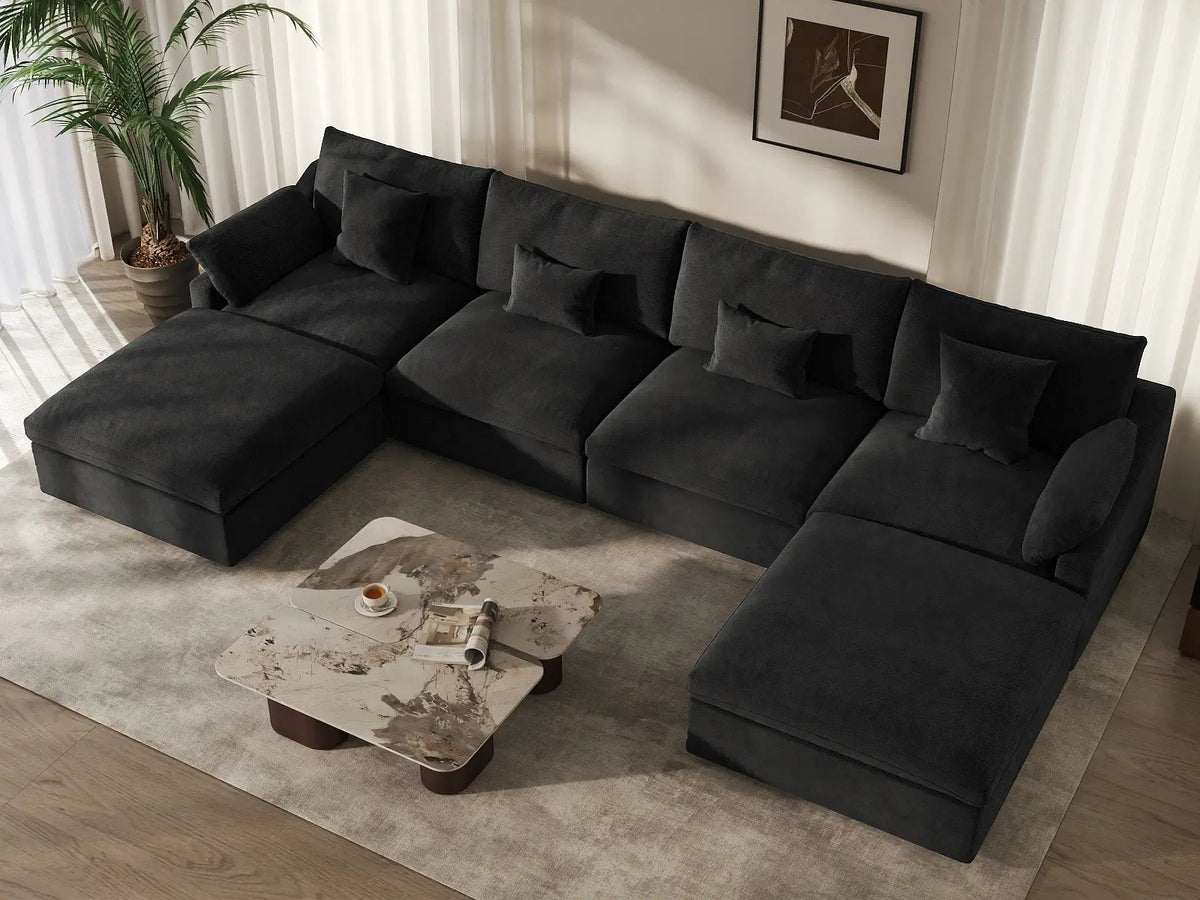 Deluxe Cloud 4-Seater Black Washable U-Shaped Sectional | 6-Piece (includes 2 Ottomans), Chenille and Linen Fabric, Modular Design