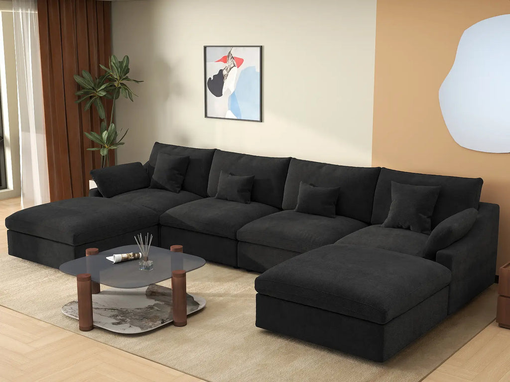 Deluxe Cloud 4-Seater Black Washable U-Shaped Sectional | 6-Piece (includes 2 Ottomans), Chenille and Linen Fabric, Modular Design