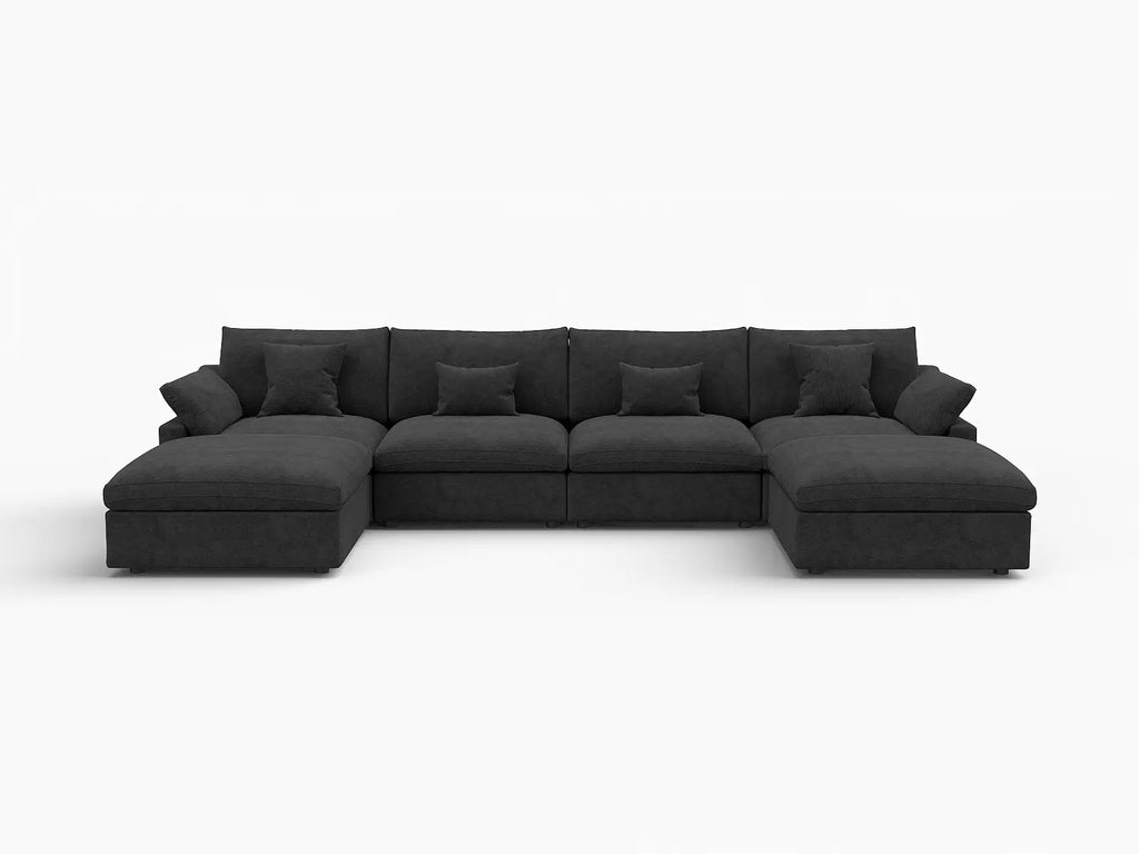 Deluxe Cloud 4-Seater Black Washable U-Shaped Sectional | 6-Piece (includes 2 Ottomans), Chenille and Linen Fabric, Modular Design