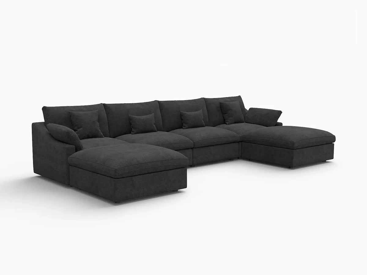 Deluxe Cloud 4-Seater Black Washable U-Shaped Sectional | 6-Piece (includes 2 Ottomans), Chenille and Linen Fabric, Modular Design