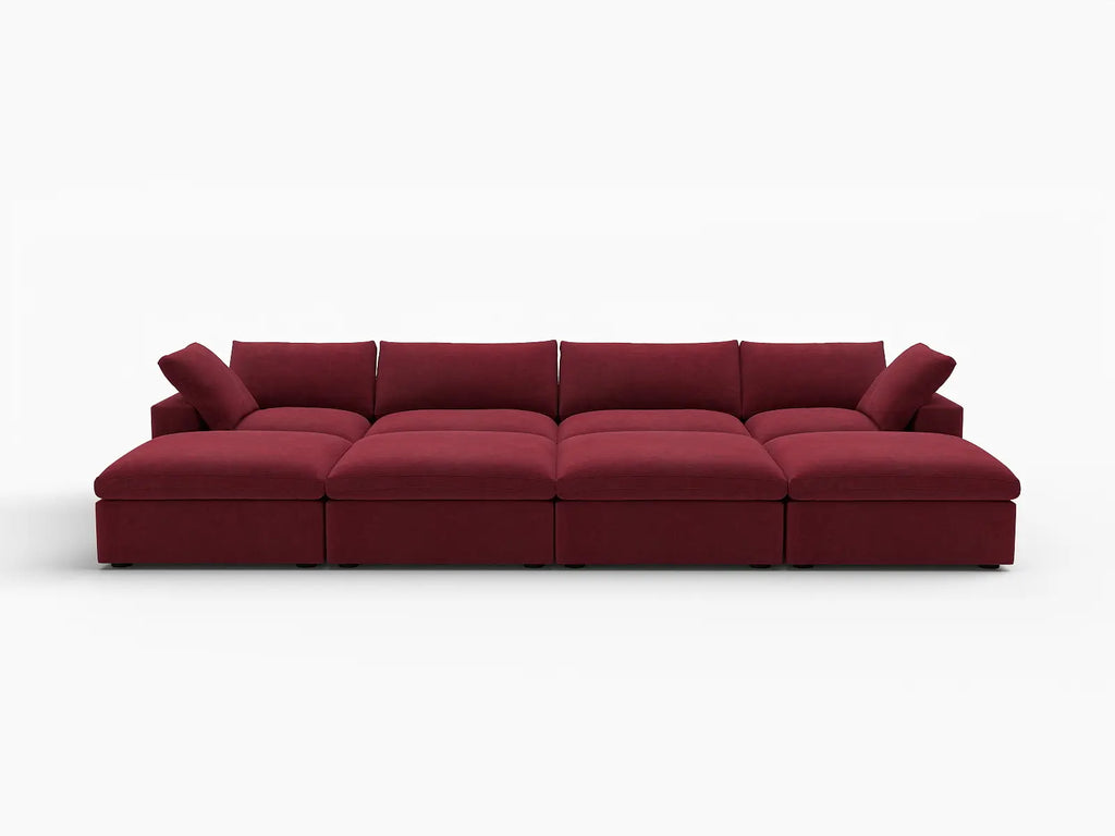 Deluxe Cloud 4-Seater Claret Pit Sectional | 8-Piece (Includes 4 Ottomans), Velvet Fabric, Family Room Seating, Washable Cushion Covers