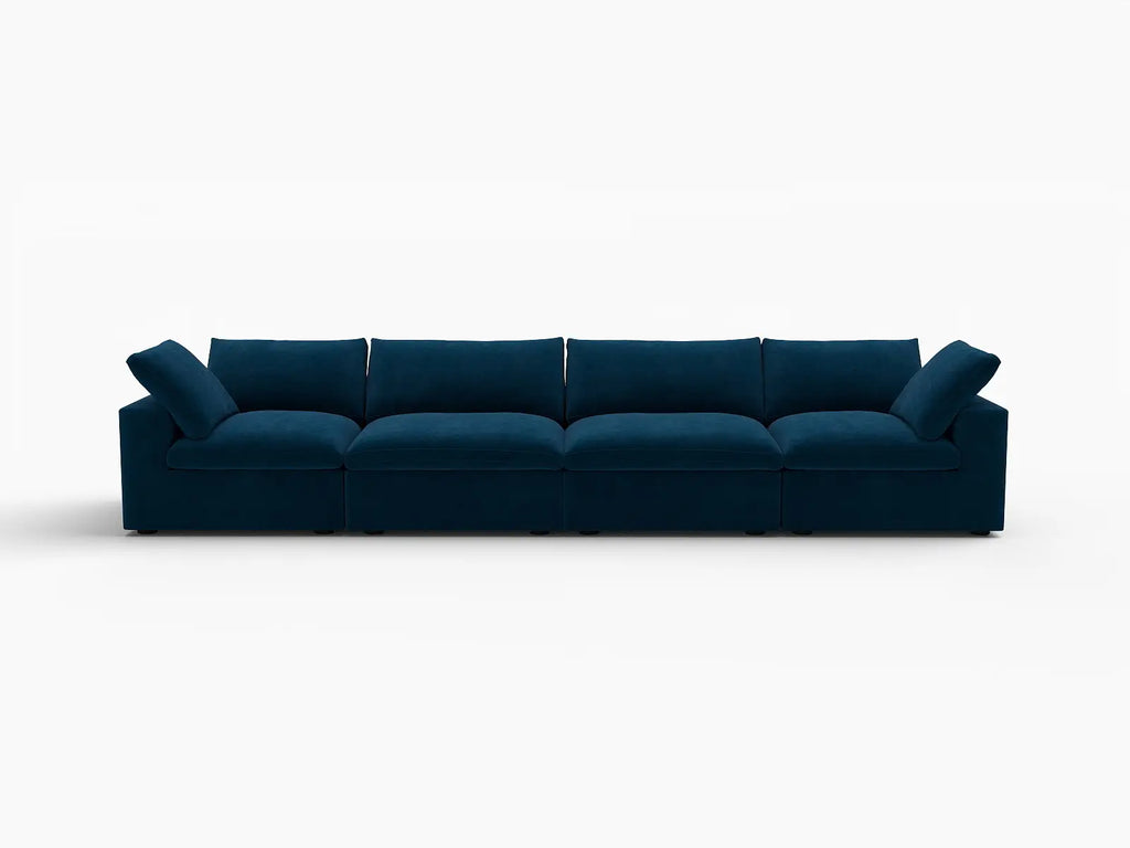 Deluxe Cloud 4-Seater Dark Blue Couch Sectional | 4-Piece, Velvet Fabric, Living Room Seating, Washable Cushion Covers