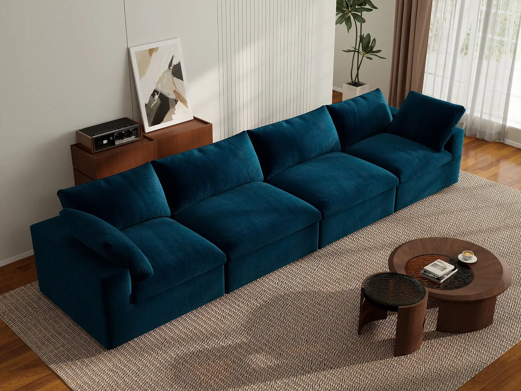 Deluxe Cloud 4-Seater Dark Blue Couch Sectional | 4-Piece, Velvet Fabric, Living Room Seating, Washable Cushion Covers