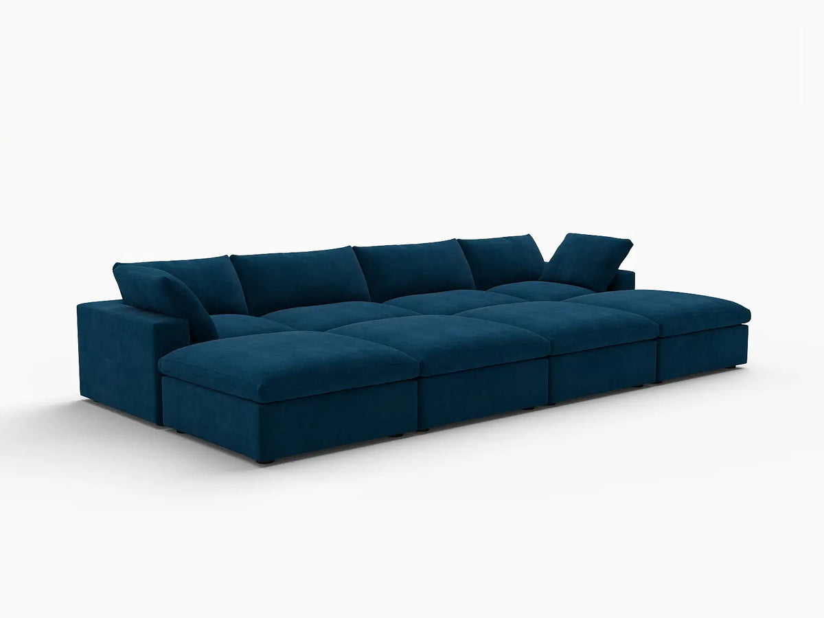 Deluxe Cloud 4-Seater Dark Blue Pit Sectional | 8-Piece (Includes 4 Ottomans), Velvet Fabric, Family Room Seating, Washable Cushion Covers