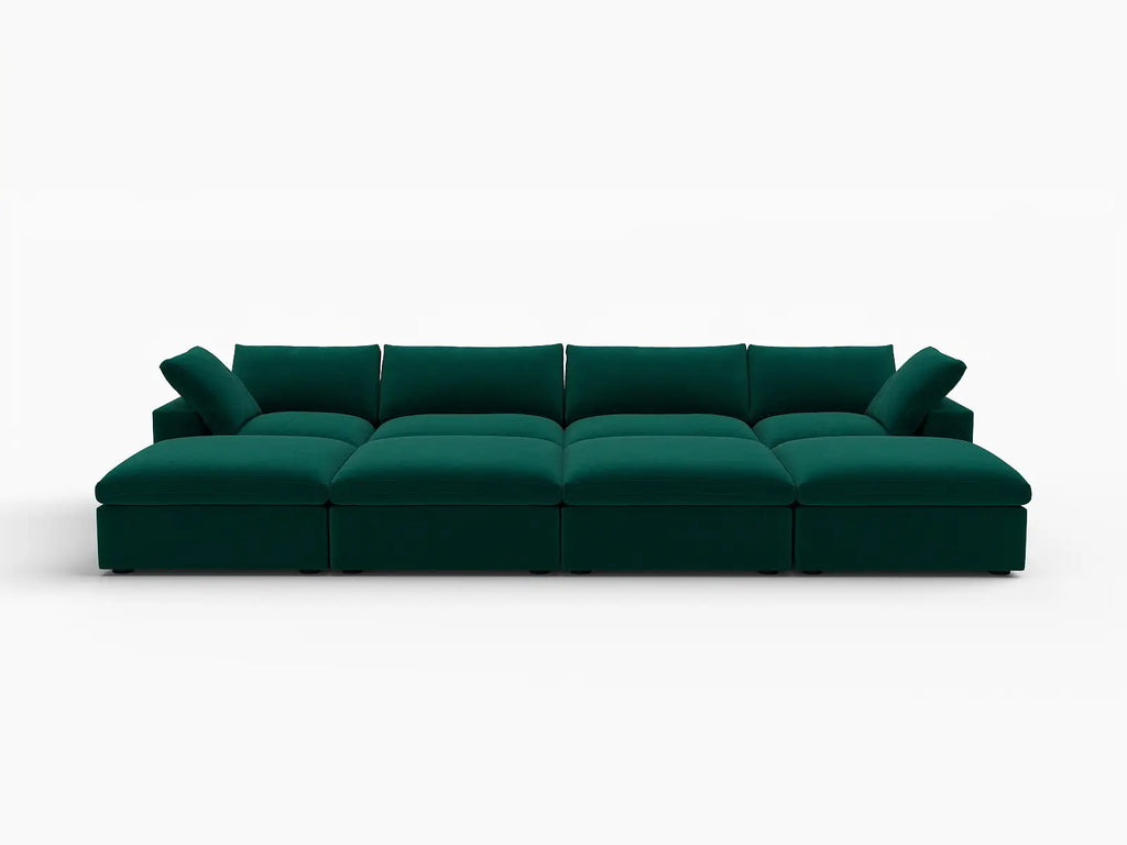 Deluxe Cloud 4-Seater Gem Green Pit Sectional | 8-Piece (Includes 4 Ottomans), Velvet Fabric, Family Room Seating, Washable Cushion Covers