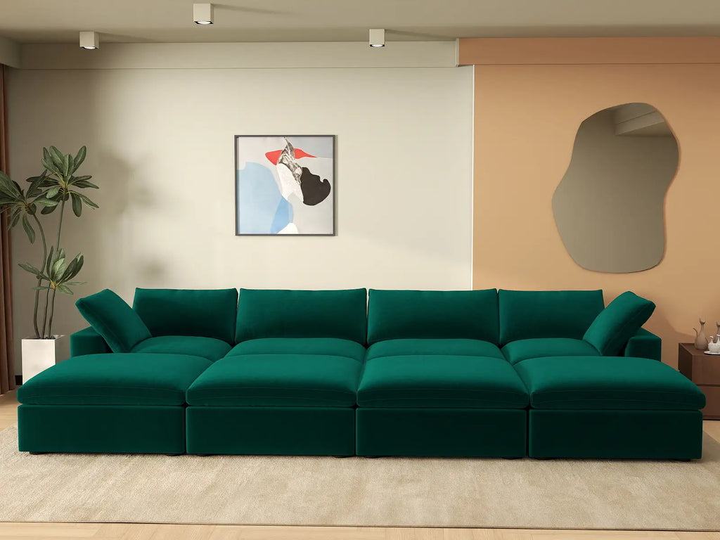 Deluxe Cloud 4-Seater Gem Green Pit Sectional | 8-Piece (Includes 4 Ottomans), Velvet Fabric, Family Room Seating, Washable Cushion Covers