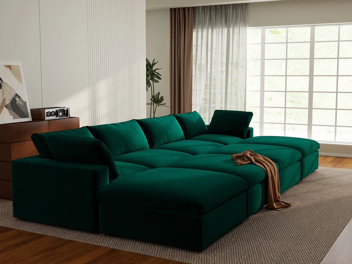 Deluxe Cloud 4-Seater Gem Green Pit Sectional | 8-Piece (Includes 4 Ottomans), Velvet Fabric, Family Room Seating, Washable Cushion Covers