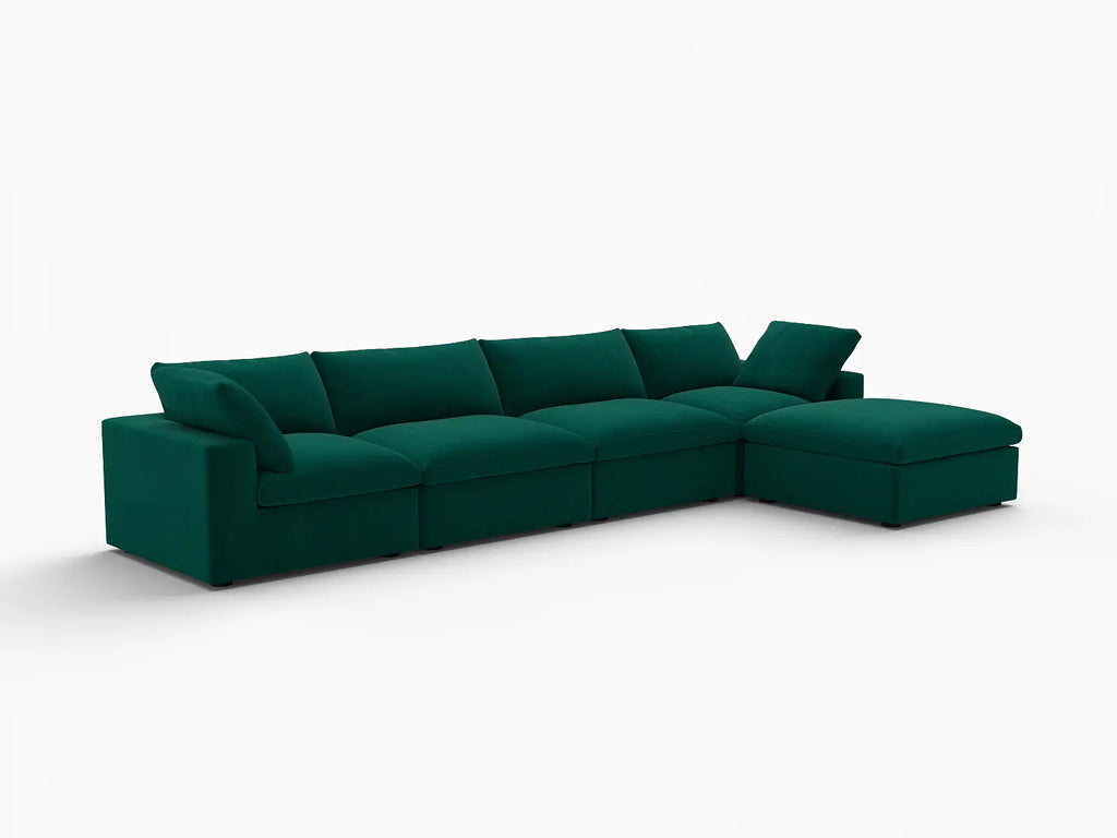 Deluxe Cloud 4-Seater Gem Green Sofa Set | 5-Piece (Includes 1 Ottoman), Velvet Fabric, Washable Cushion Covers