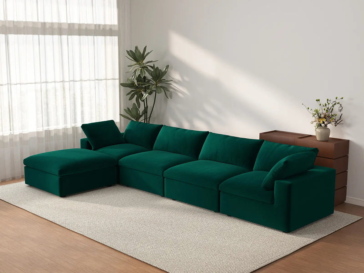 Deluxe Cloud 4-Seater Gem Green Sofa Set | 5-Piece (Includes 1 Ottoman), Velvet Fabric, Washable Cushion Covers