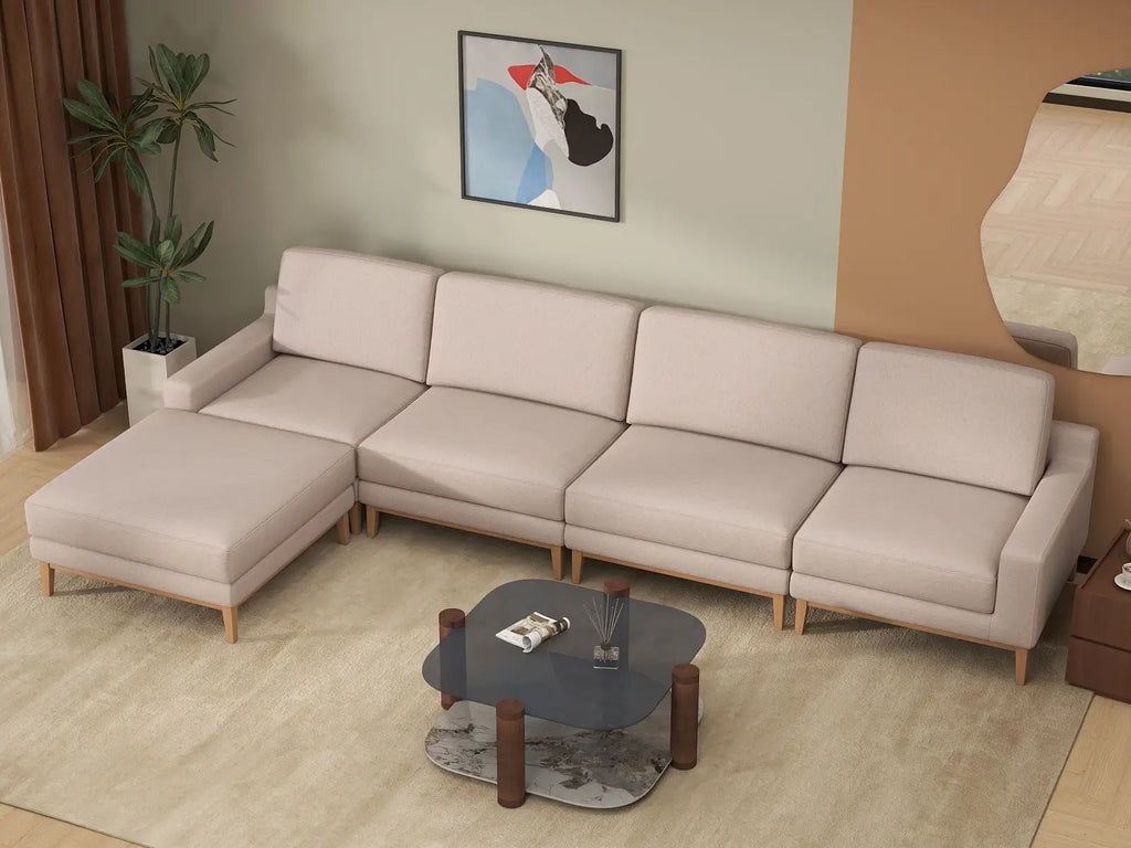 Deluxe Cloud 4-Seater Khaki L-Shaped Sectional | 5-Piece (Includes 1 Ottoman), Linen Look Poly Fabric, Washable Cushion Covers