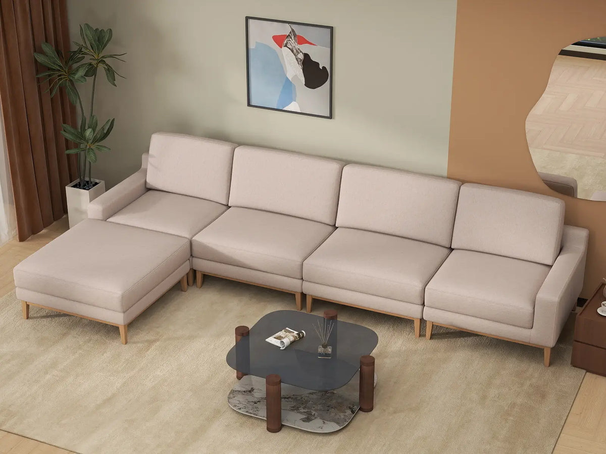 Deluxe Cloud 4-Seater Khaki L-Shaped Sectional | 5-Piece (Includes 1 Ottoman), Linen Look Poly Fabric, Washable Cushion Covers