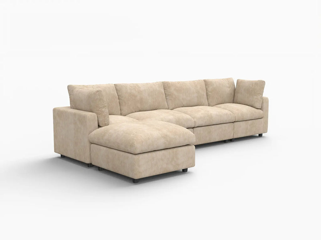 Deluxe Cloud 4-Seater Khaki Large Space L-Shaped Sectional | 5-Piece (Includes 1 Ottoman), Linen-Blend Chenille Fabric, Easy To Clean