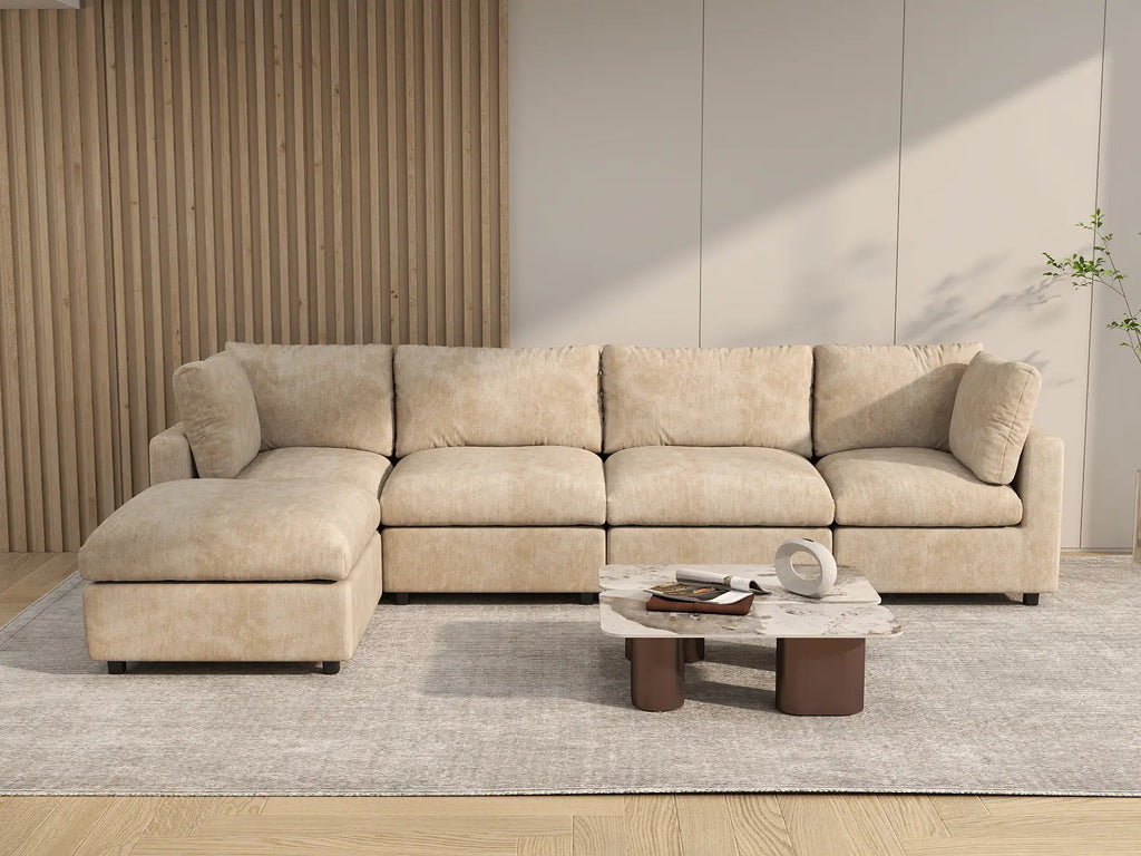 Deluxe Cloud 4-Seater Khaki Large Space L-Shaped Sectional | 5-Piece (Includes 1 Ottoman), Linen-Blend Chenille Fabric, Easy To Clean