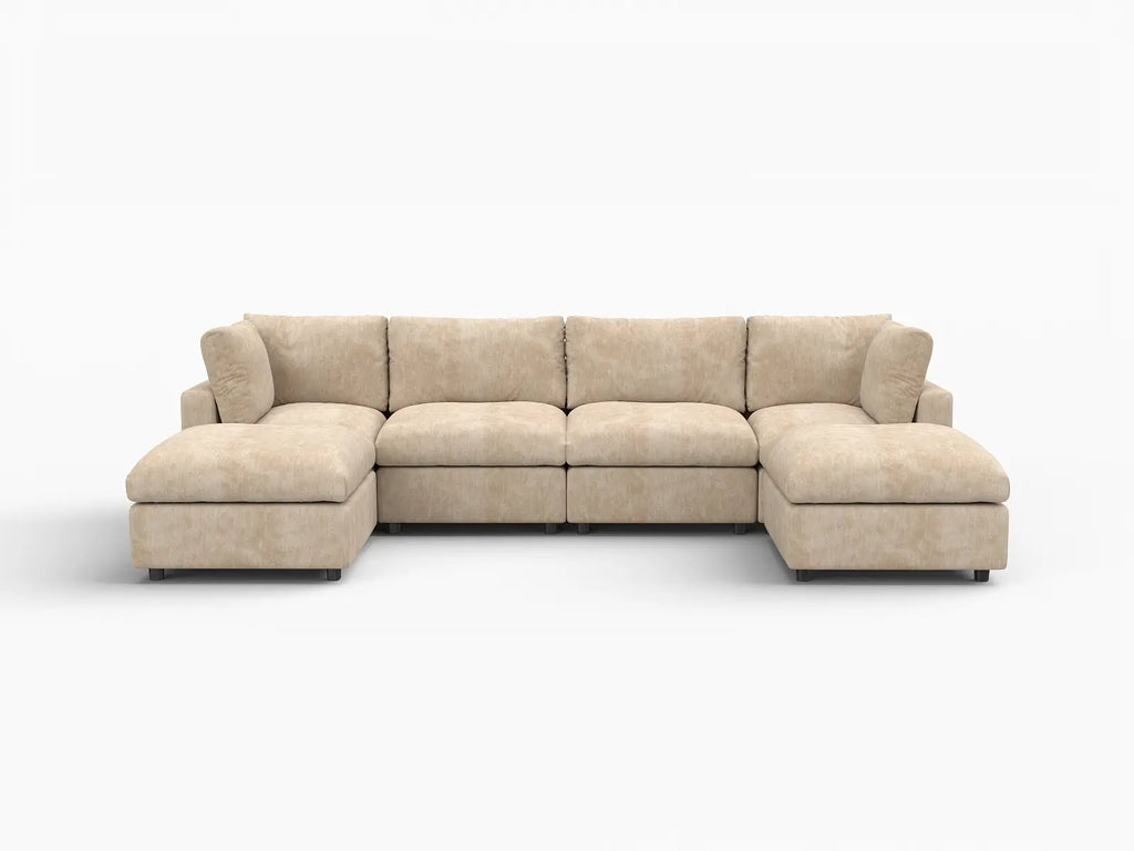 Deluxe Cloud 4-Seater Khaki Large Space U-Shaped Sectional | 6-Piece (Includes 2 Ottomans), Linen-Blend Chenille Fabric, Easy To Clean