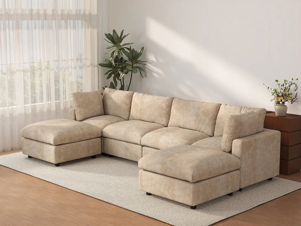 Deluxe Cloud 4-Seater Khaki Large Space U-Shaped Sectional | 6-Piece (Includes 2 Ottomans), Linen-Blend Chenille Fabric, Easy To Clean