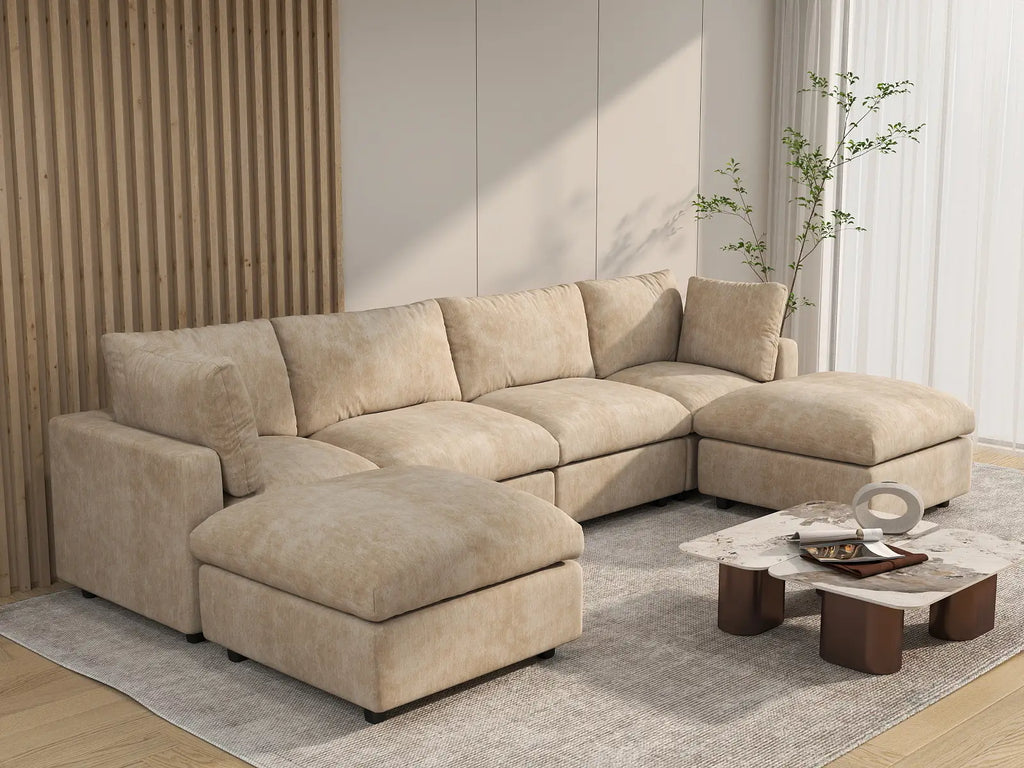 Deluxe Cloud 4-Seater Khaki Large Space U-Shaped Sectional | 6-Piece (Includes 2 Ottomans), Linen-Blend Chenille Fabric, Easy To Clean