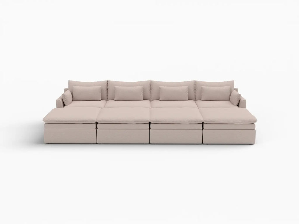 Deluxe Cloud 4-Seater Khaki Pit Sectional | 8-Piece (Includes 4 Ottomans), Linen Look Poly Fabric, Washable Cushion Covers