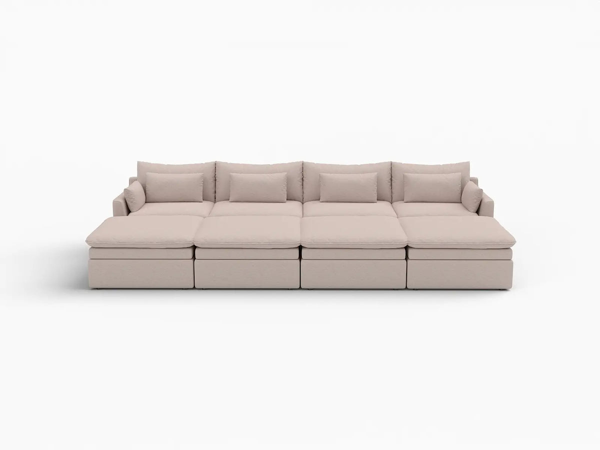 Deluxe Cloud 4-Seater Khaki Pit Sectional | 8-Piece (Includes 4 Ottomans), Linen Look Poly Fabric, Washable Cushion Covers