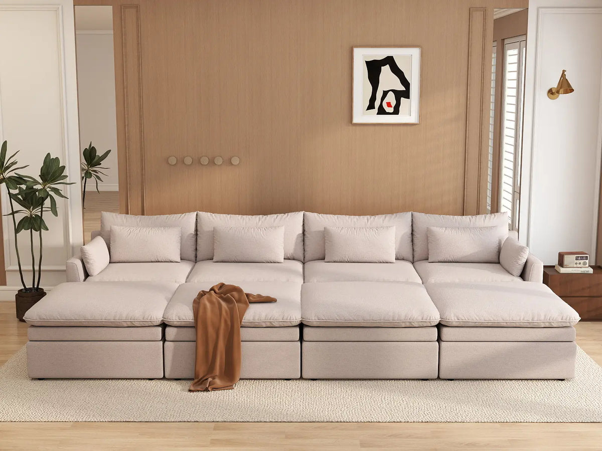 Deluxe Cloud 4-Seater Khaki Pit Sectional | 8-Piece (Includes 4 Ottomans), Linen Look Poly Fabric, Washable Cushion Covers