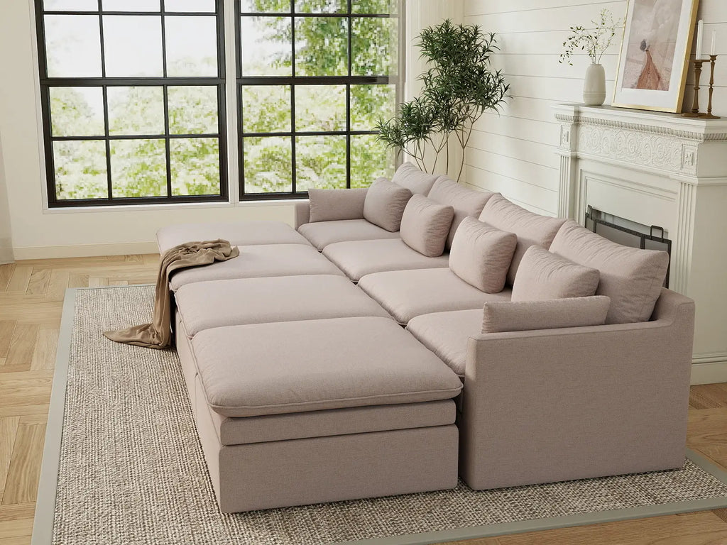 Deluxe Cloud 4-Seater Khaki Pit Sectional | 8-Piece (Includes 4 Ottomans), Linen Look Poly Fabric, Washable Cushion Covers