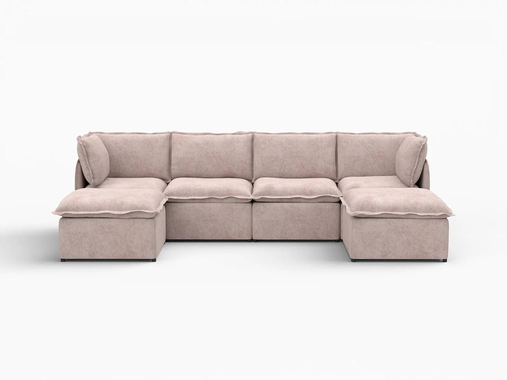 Deluxe Cloud 4-Seater Khaki U-Shaped Sectional | 6-Piece (Includes 2 Ottomans), Linen Look Poly Fabric, Washable Cushion Covers