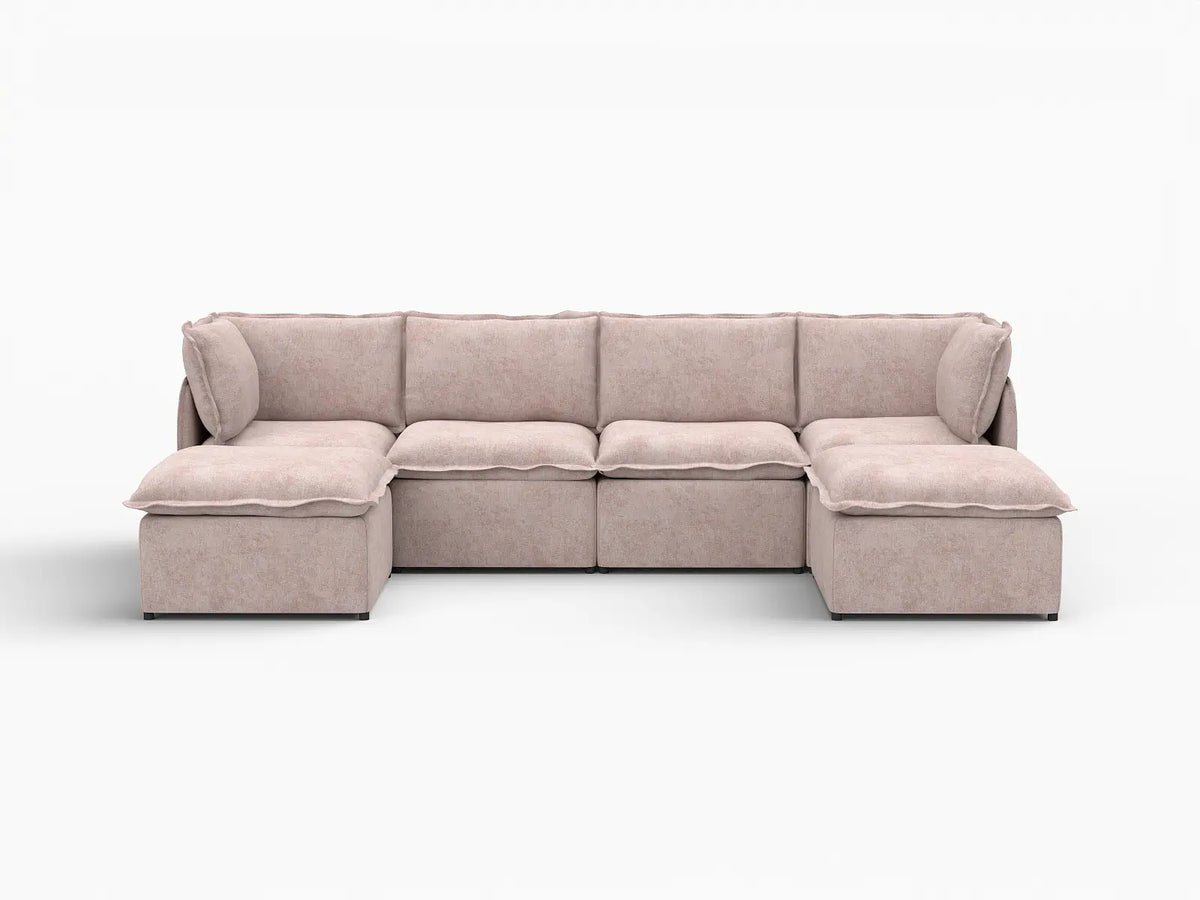 Deluxe Cloud 4-Seater Khaki U-Shaped Sectional | 6-Piece (Includes 2 Ottomans), Linen Look Poly Fabric, Washable Cushion Covers