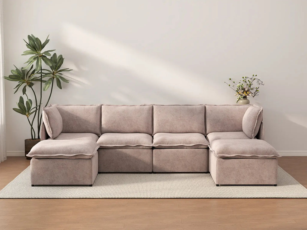 Deluxe Cloud 4-Seater Khaki U-Shaped Sectional | 6-Piece (Includes 2 Ottomans), Linen Look Poly Fabric, Washable Cushion Covers