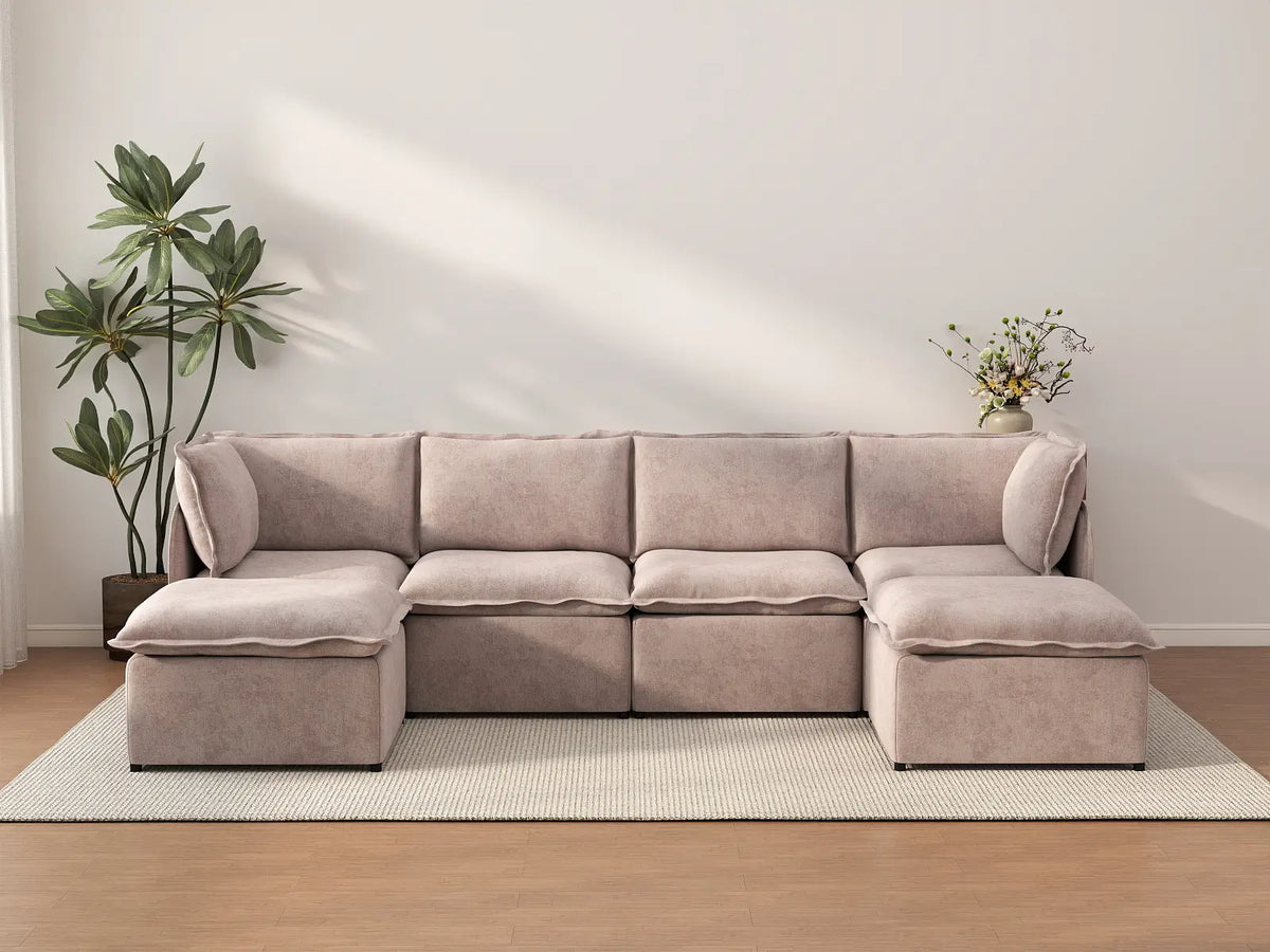 Deluxe Cloud 4-Seater Khaki U-Shaped Sectional | 6-Piece (Includes 2 Ottomans), Linen Look Poly Fabric, Washable Cushion Covers
