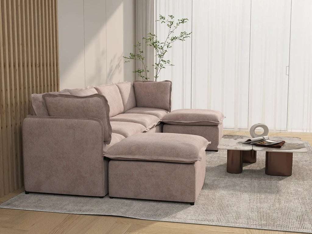 Deluxe Cloud 4-Seater Khaki U-Shaped Sectional | 6-Piece (Includes 2 Ottomans), Linen Look Poly Fabric, Washable Cushion Covers