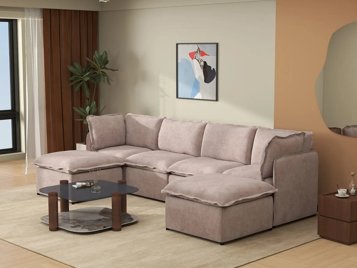 Deluxe Cloud 4-Seater Khaki U-Shaped Sectional | 6-Piece (Includes 2 Ottomans), Linen Look Poly Fabric, Washable Cushion Covers