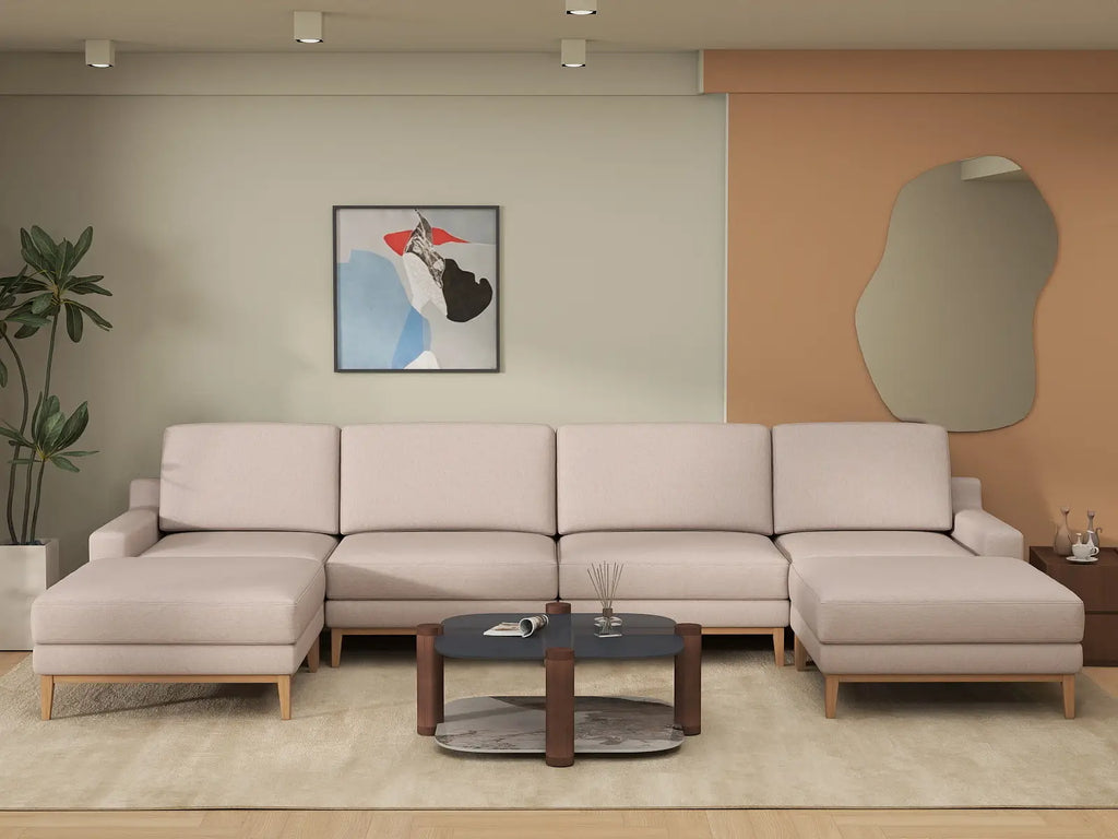 Deluxe Cloud 4-Seater Khaki U-Shaped Sectional | 6-Piece (Includes 2 Ottomans), Linen Look Poly Fabric, Washable Cushion Covers