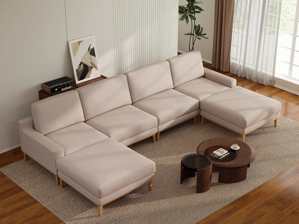 Deluxe Cloud 4-Seater Khaki U-Shaped Sectional | 6-Piece (Includes 2 Ottomans), Linen Look Poly Fabric, Washable Cushion Covers