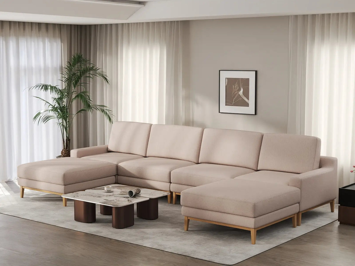 Deluxe Cloud 4-Seater Khaki U-Shaped Sectional | 6-Piece (Includes 2 Ottomans), Linen Look Poly Fabric, Washable Cushion Covers