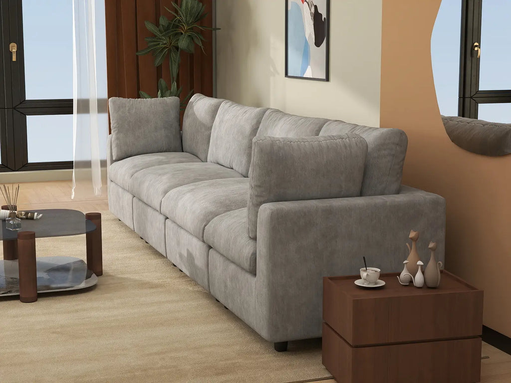 Deluxe Cloud 4-Seater Light Grey Couch Sectional | 4-Piece, Linen-Blend Chenille Fabric, Washable Cushion Covers