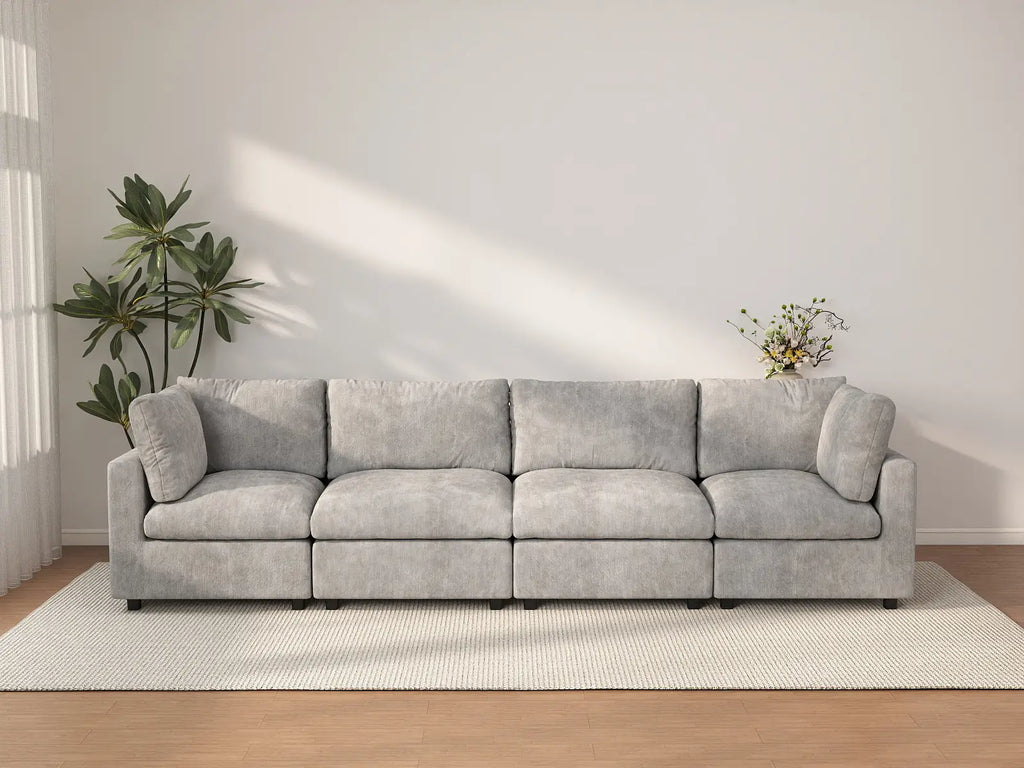 Deluxe Cloud 4-Seater Light Grey Couch Sectional | 4-Piece, Linen-Blend Chenille Fabric, Washable Cushion Covers