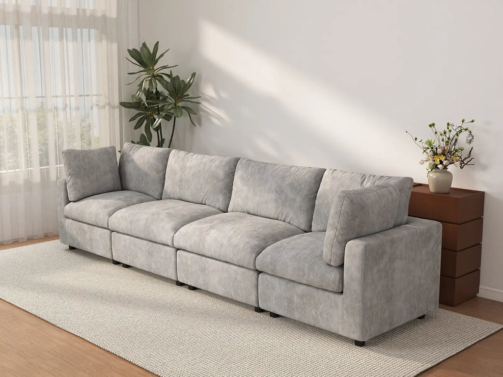Deluxe Cloud 4-Seater Light Grey Couch Sectional | 4-Piece, Linen-Blend Chenille Fabric, Washable Cushion Covers