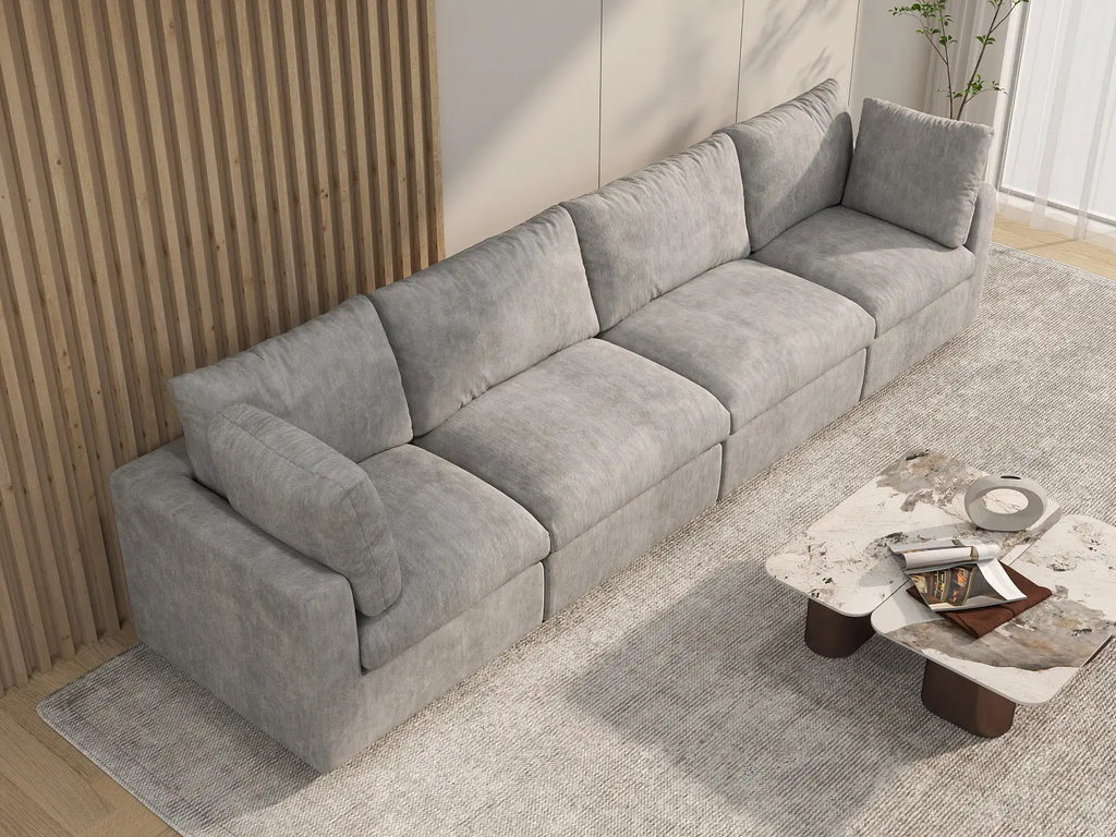 Deluxe Cloud 4-Seater Light Grey Couch Sectional | 4-Piece, Linen-Blend Chenille Fabric, Washable Cushion Covers