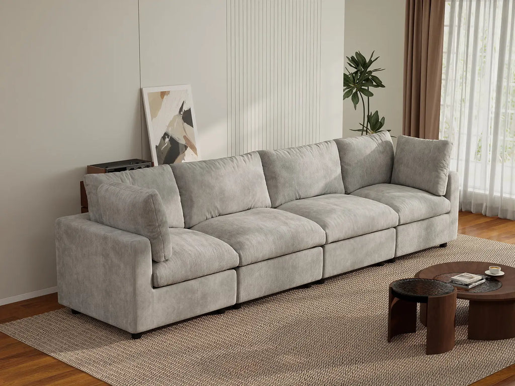 Deluxe Cloud 4-Seater Light Grey Couch Sectional | 4-Piece, Linen-Blend Chenille Fabric, Washable Cushion Covers