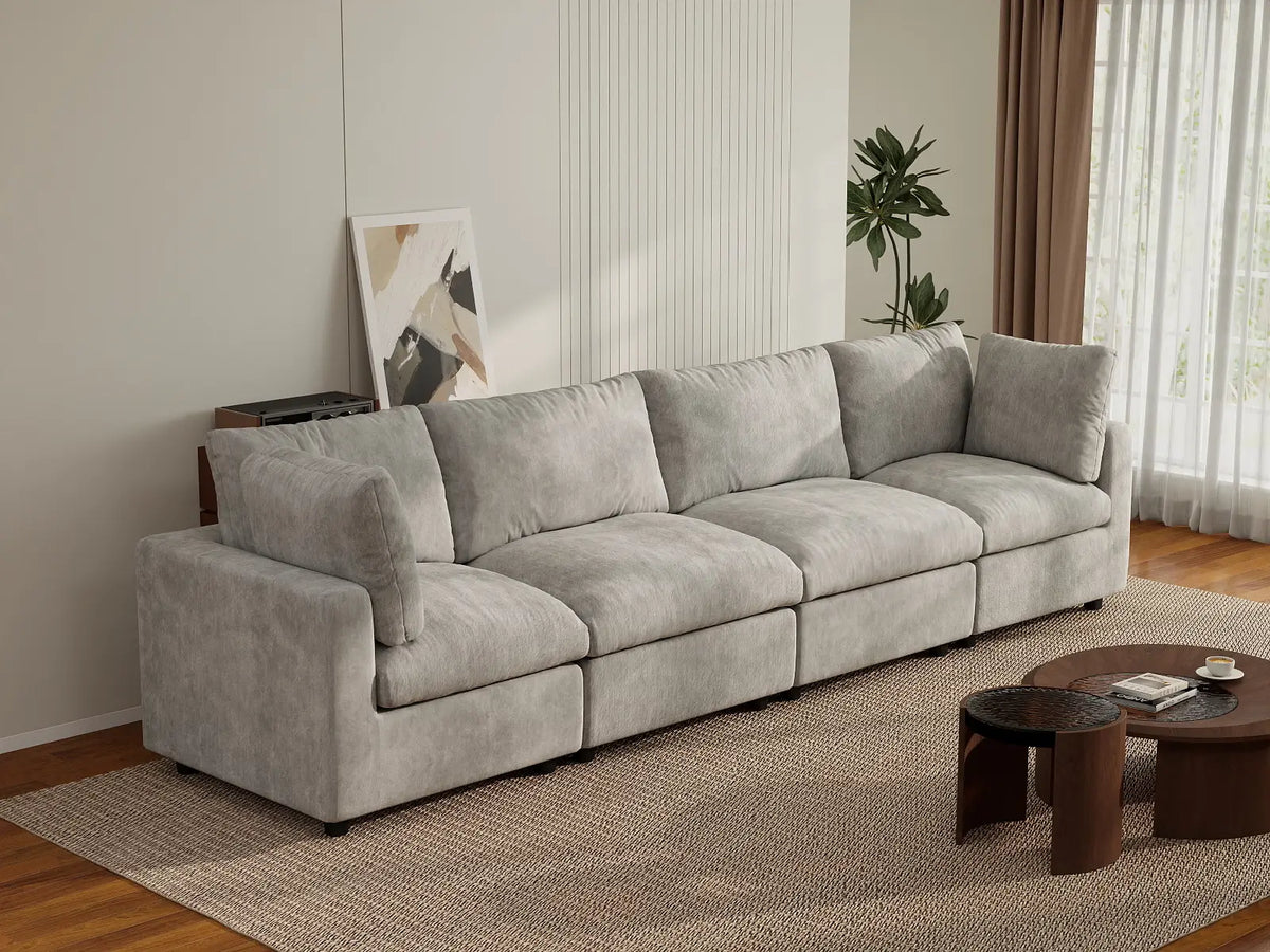 Deluxe Cloud 4-Seater Light Grey Couch Sectional | 4-Piece, Linen-Blend Chenille Fabric, Washable Cushion Covers